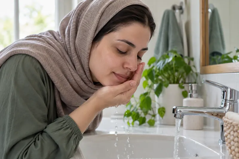 رساندن مقدار کمی آب با دست به پوست سالم گونه بدون مالش
