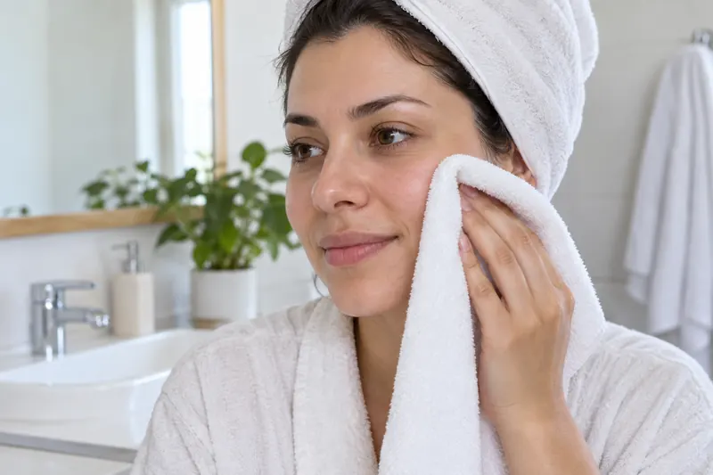 گذاشتن نرم گوشهٔ حوله روی گونه برای گرفتن رطوبت