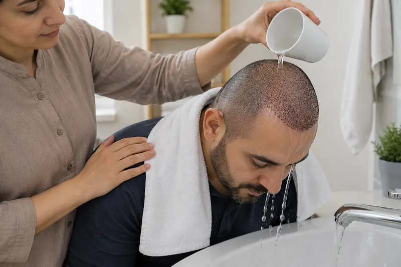 ریختن آرام آب با ظرف روی پوست سر، بدون مالش یا دوش پرفشار