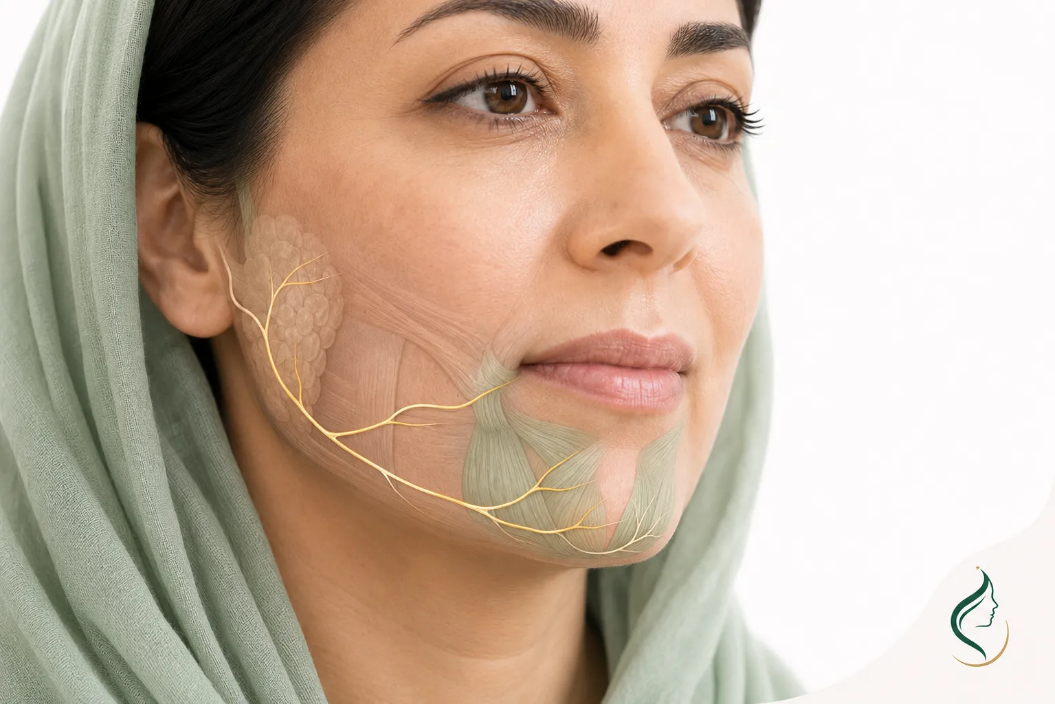 مسیر آناتومیک عصب مارژینال مندیبولار در کنار لبه فک و عضلات لب پایین