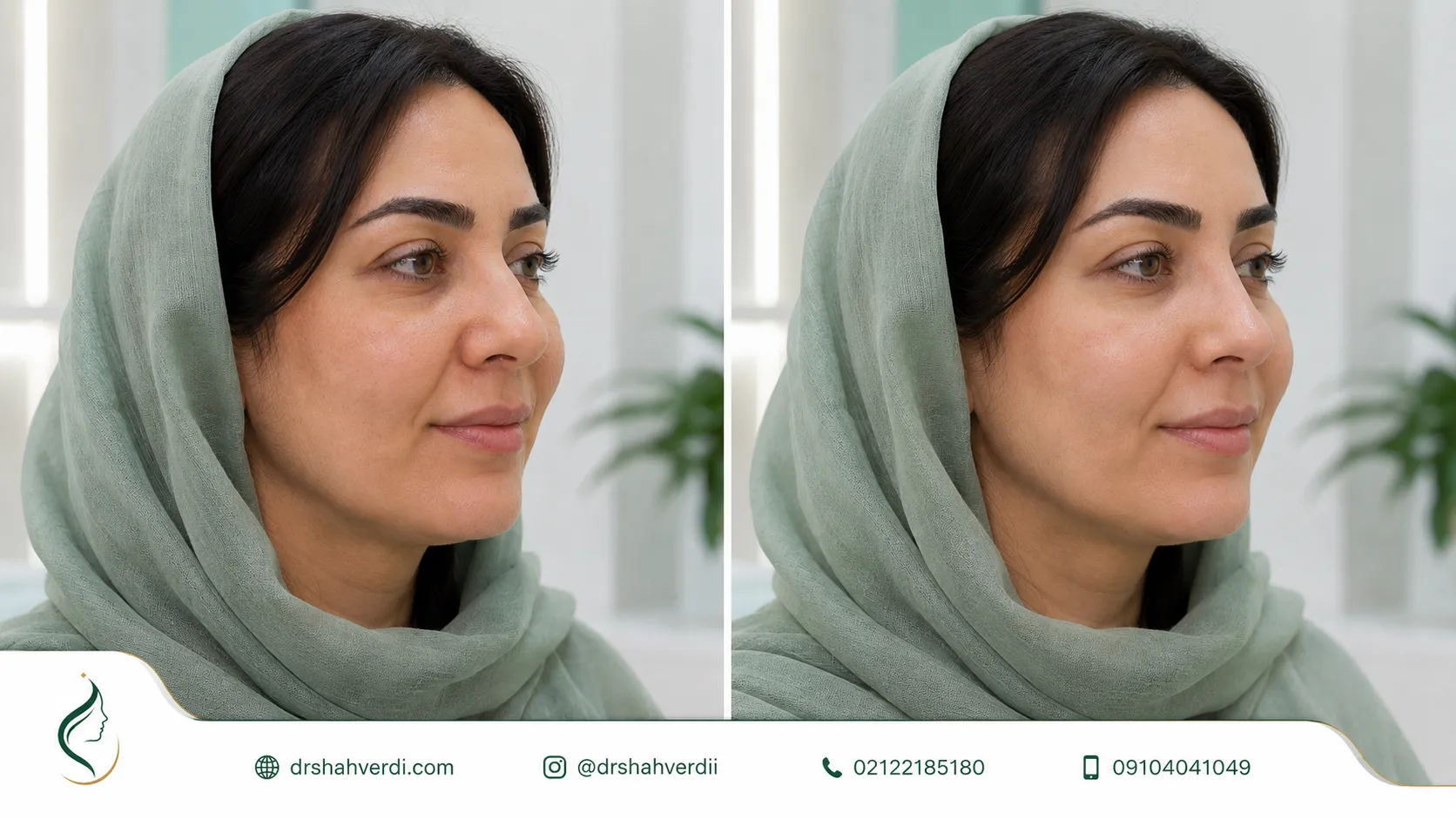 نمای آموزشی قبل و بعد طبیعی اندولیفت بینی گوشتی از روبه‌رو