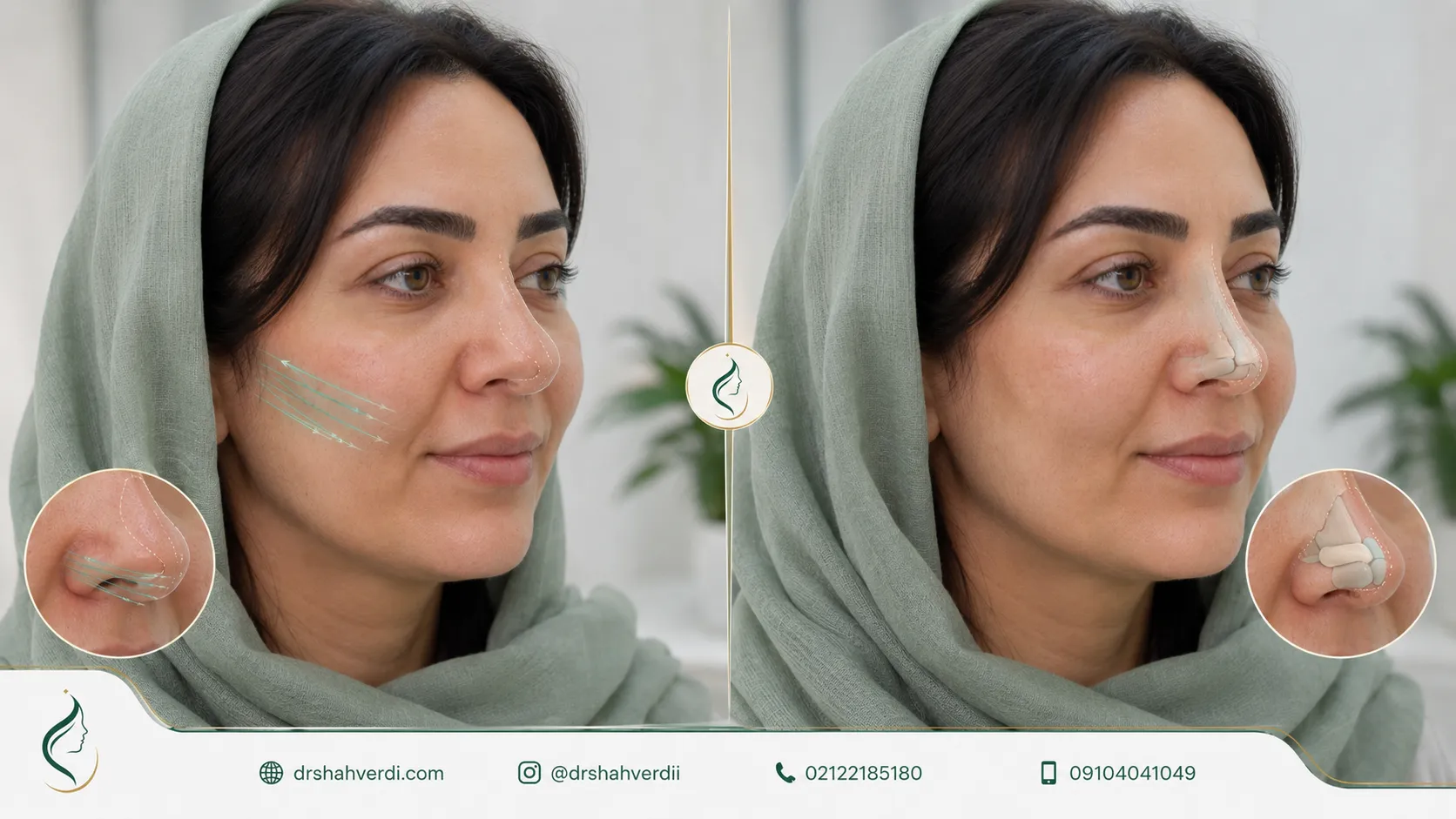نمای آموزشی قبل و بعد طبیعی اندولیفت بینی گوشتی از نیم رخ