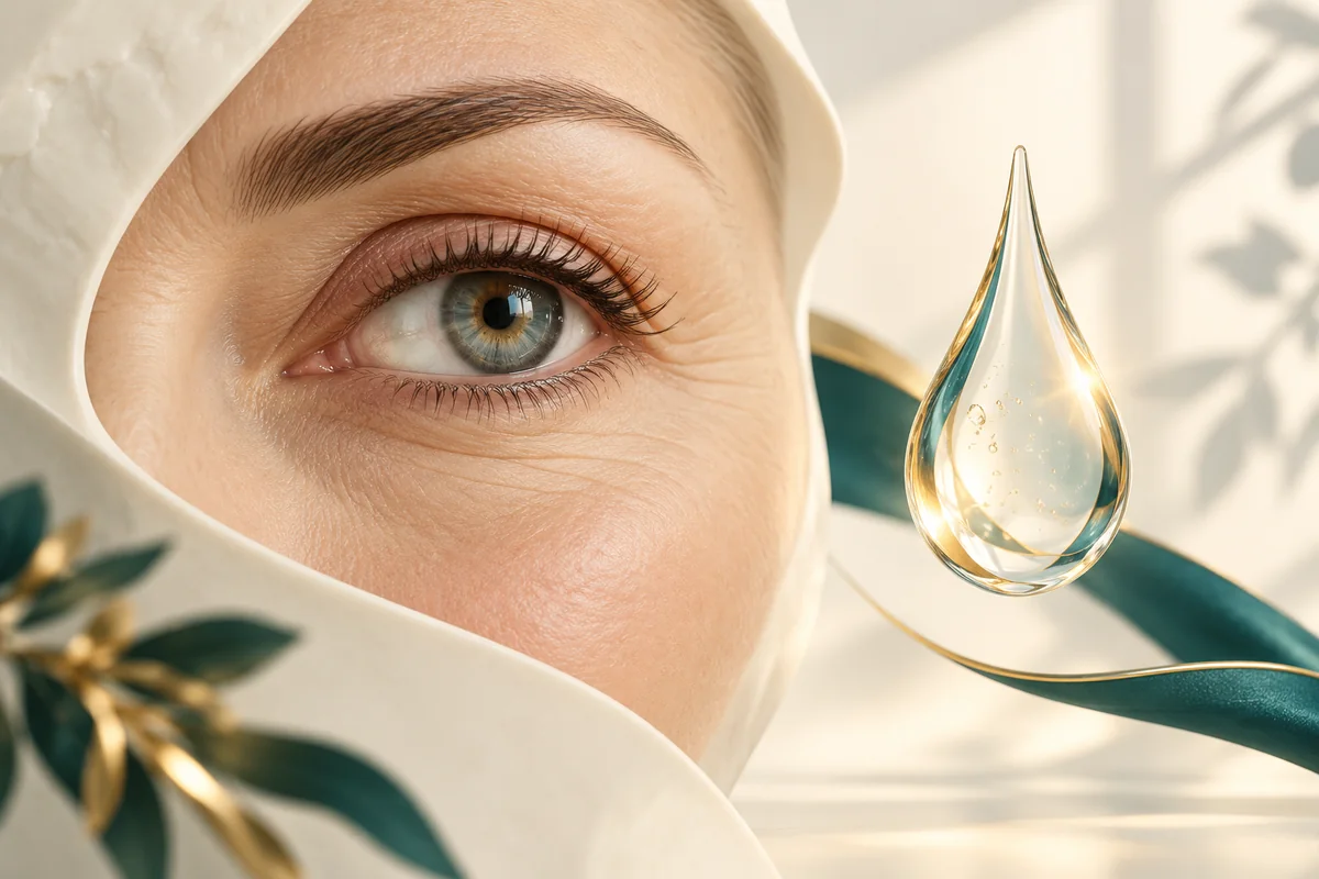 تصویر مفهومی چشم طبیعی و قطره شفاف برای یادآوری سلامت سطح چشم