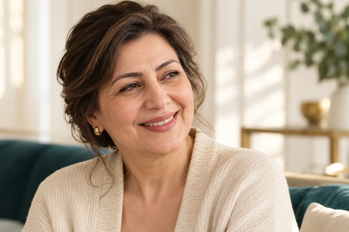زن میانسال با لبخند طبیعی و حرکت هماهنگ چشم و گونه