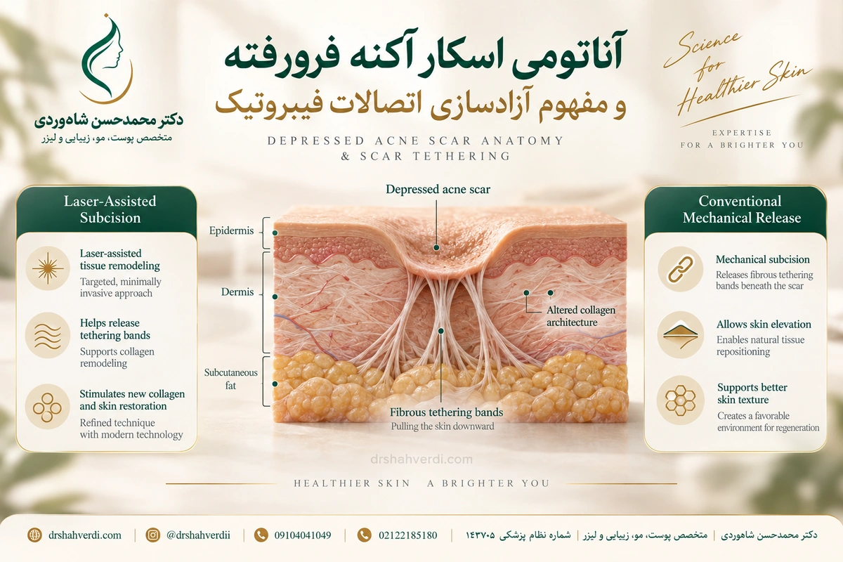 مقطع پوست با اسکار فرورفته، رشته‌های اتصال فیبری و لایه چربی زیرپوست