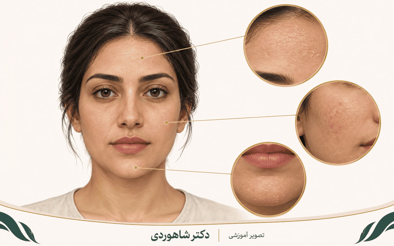 نمای خشکی و پوستهریزی پیشانی، گونه و چانه با جزئیات بزرگشده