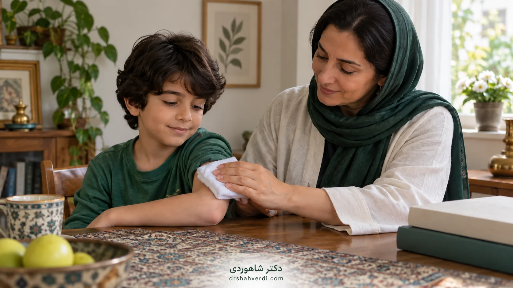 مادر با پارچهٔ خنک روی بازوی کودک