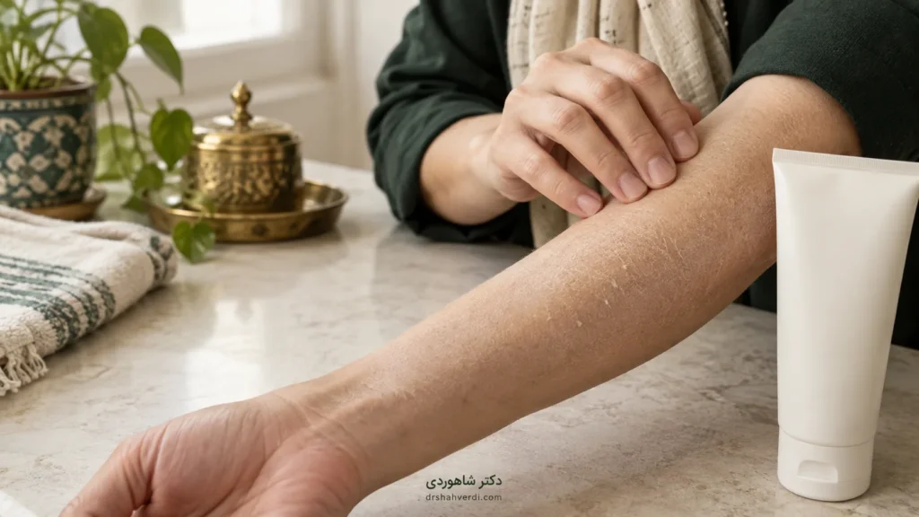 Close-up of dry forearm skin beside a simple moisturiser