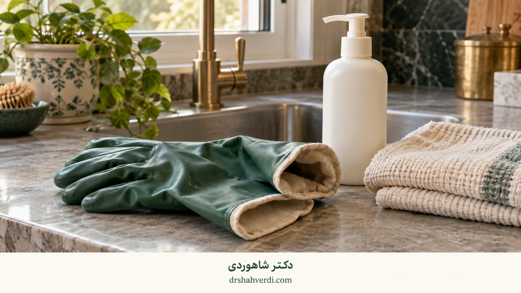 دستکش با آستر نخی، حوله و شوینده در کنار سینک