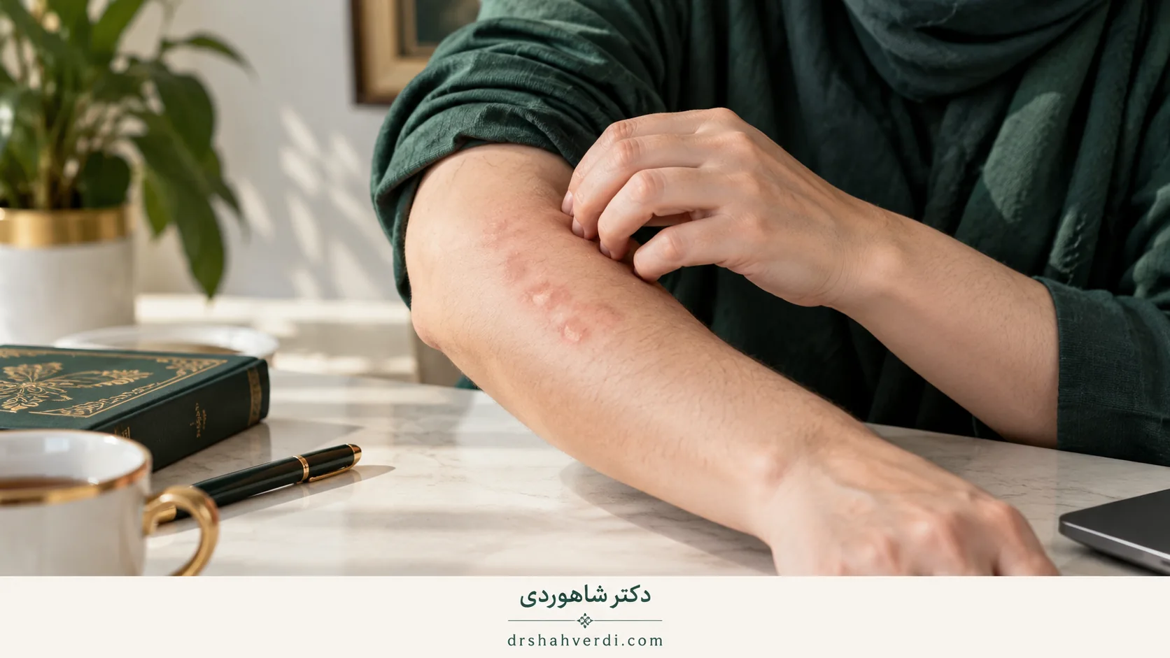 نمای نزدیک ساعد با چند برجستگی کم‌رنگ و قرمز