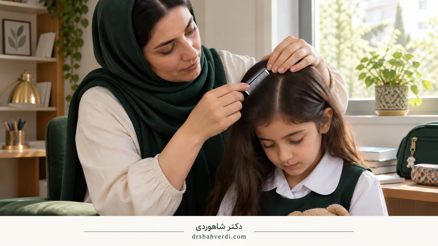 مادر در حال بررسی موهای کودک با شانهٔ ریز