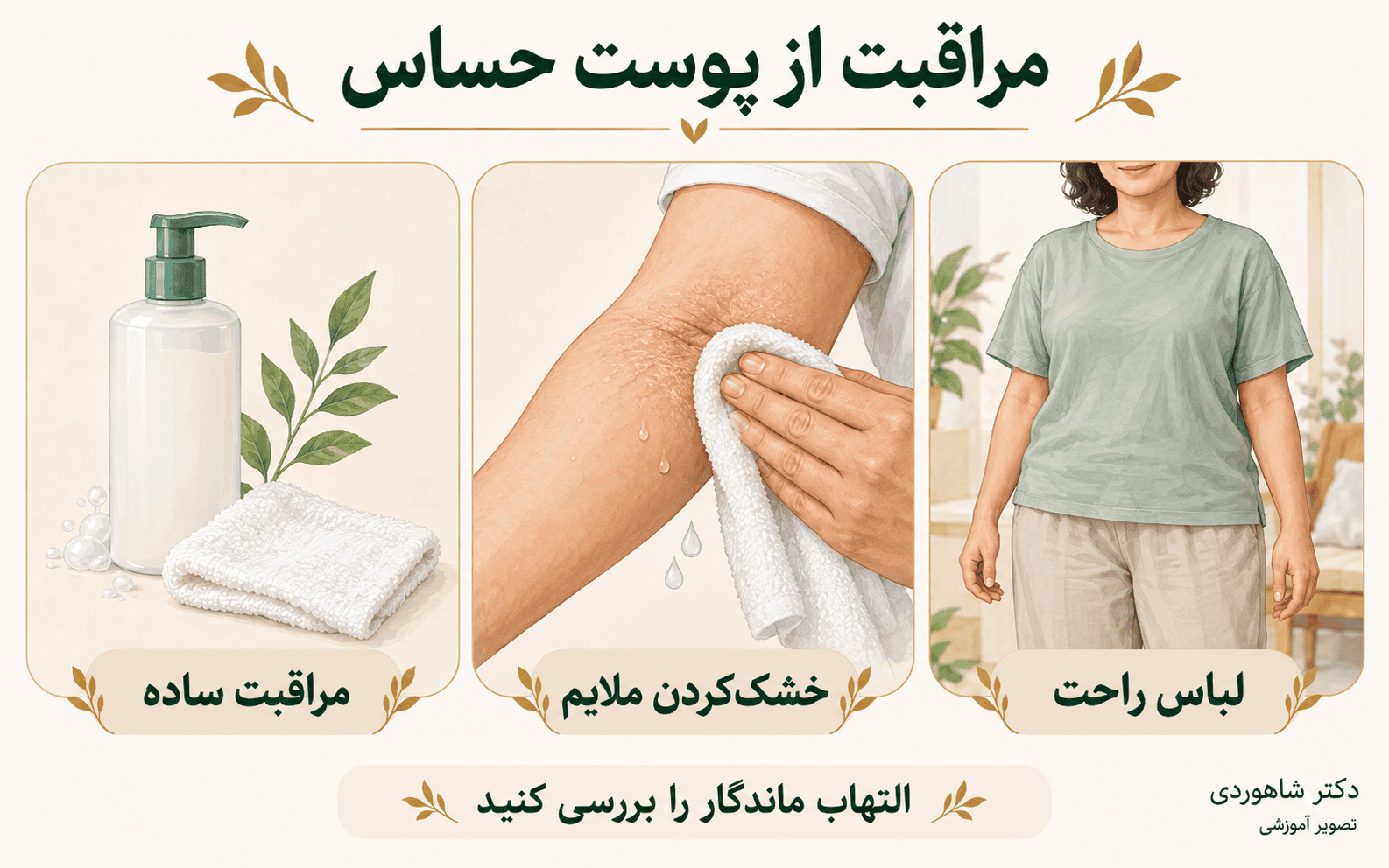 مراقبت از پوست حساس با لباس راحت، خشک‌کردن ملایم چین پوست و مراقبت ساده