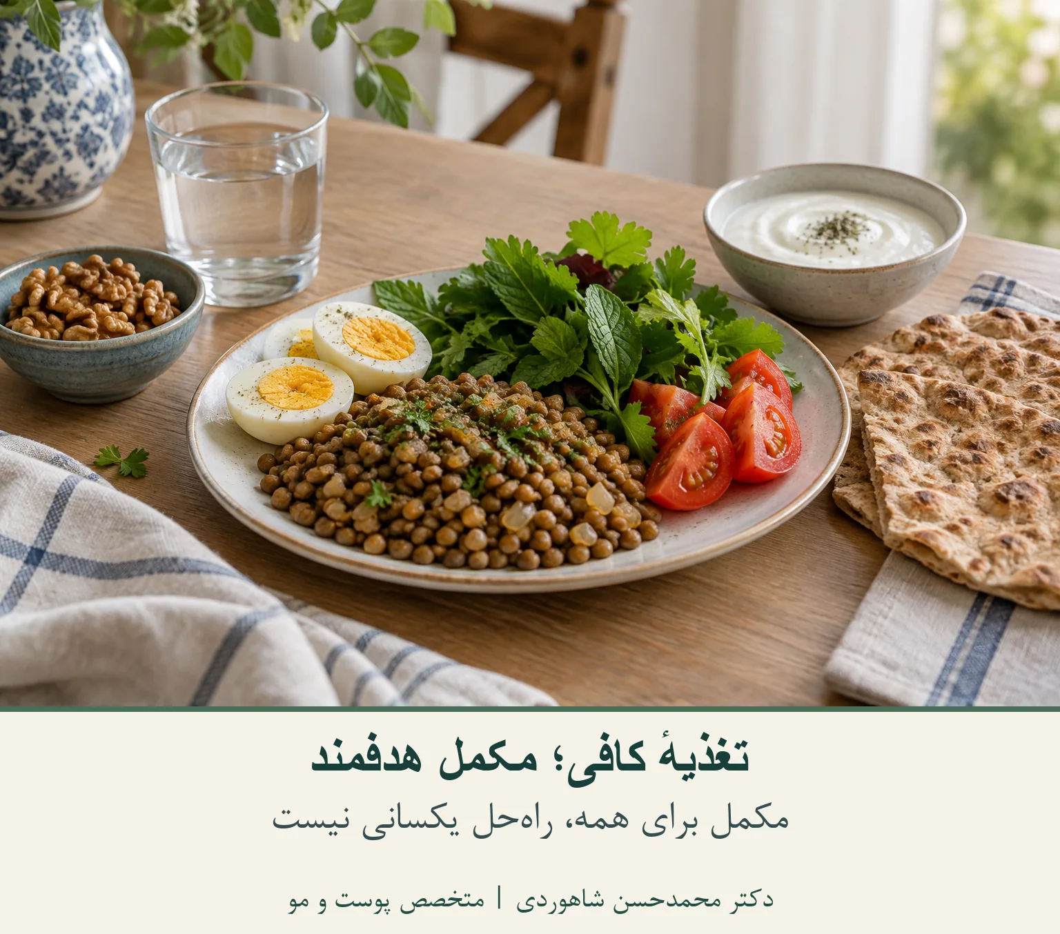 غذاهای متنوع شامل تخممرغ، حبوبات، ماست و سبزی روی میز