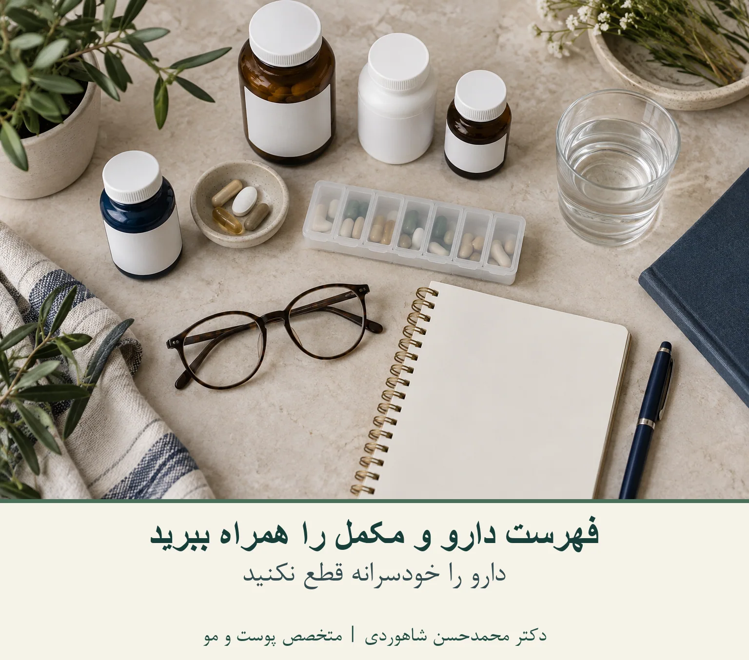 ظرفهای ساده دارو و مکمل و دفتر یادداشت روی میز