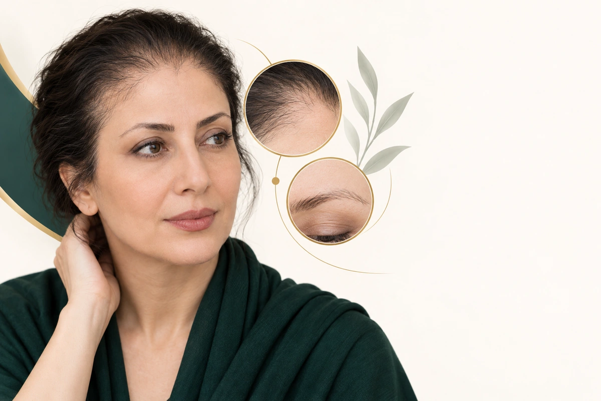 خط رویش پیشانی و شقیقه همراه با نمای نزدیک ابروی کم‌پشت