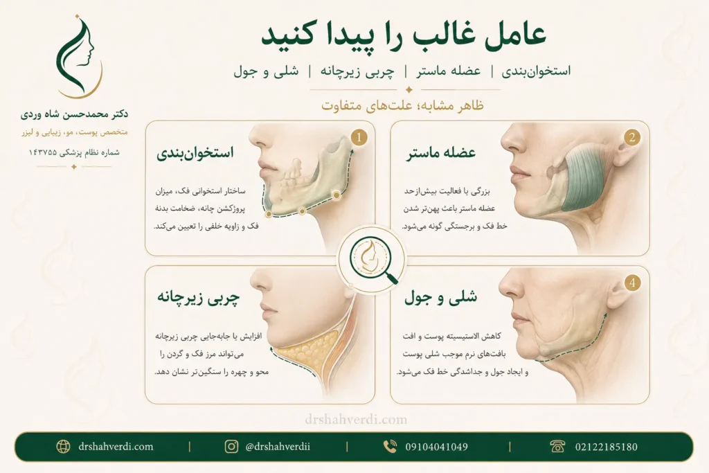 تفکیک عامل غالب پایین صورت شامل استخوان، عضله ماستر، چربی زیرچانه و شلی پوست