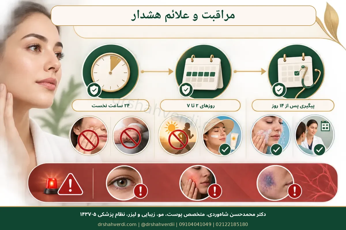 خط زمانی مراقبت و علائم هشدار پس از درمان بینی