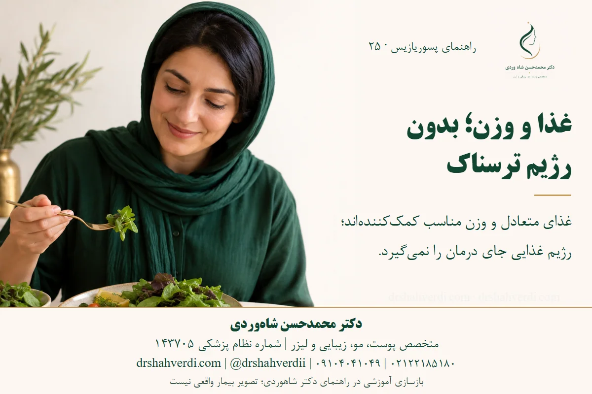بشقاب غذای متعادل با سبزی، حبوبات و ماهی برای توضیح تغذیه کمکی در پسوریازیس