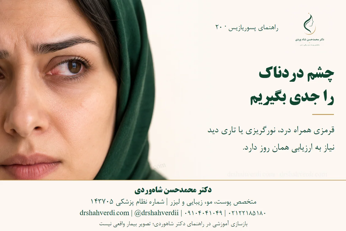 تصویر مفهومی چشم قرمز خفیف یک بزرگسال، همراه یادآوری علائم نیازمند ارزیابی فوری