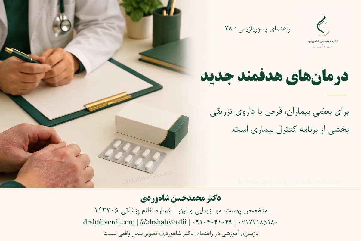 تصویر مفهومی بررسی درمان خوراکی و هدفمند پسوریازیس با پزشک، بدون نمایش برند یا دوز