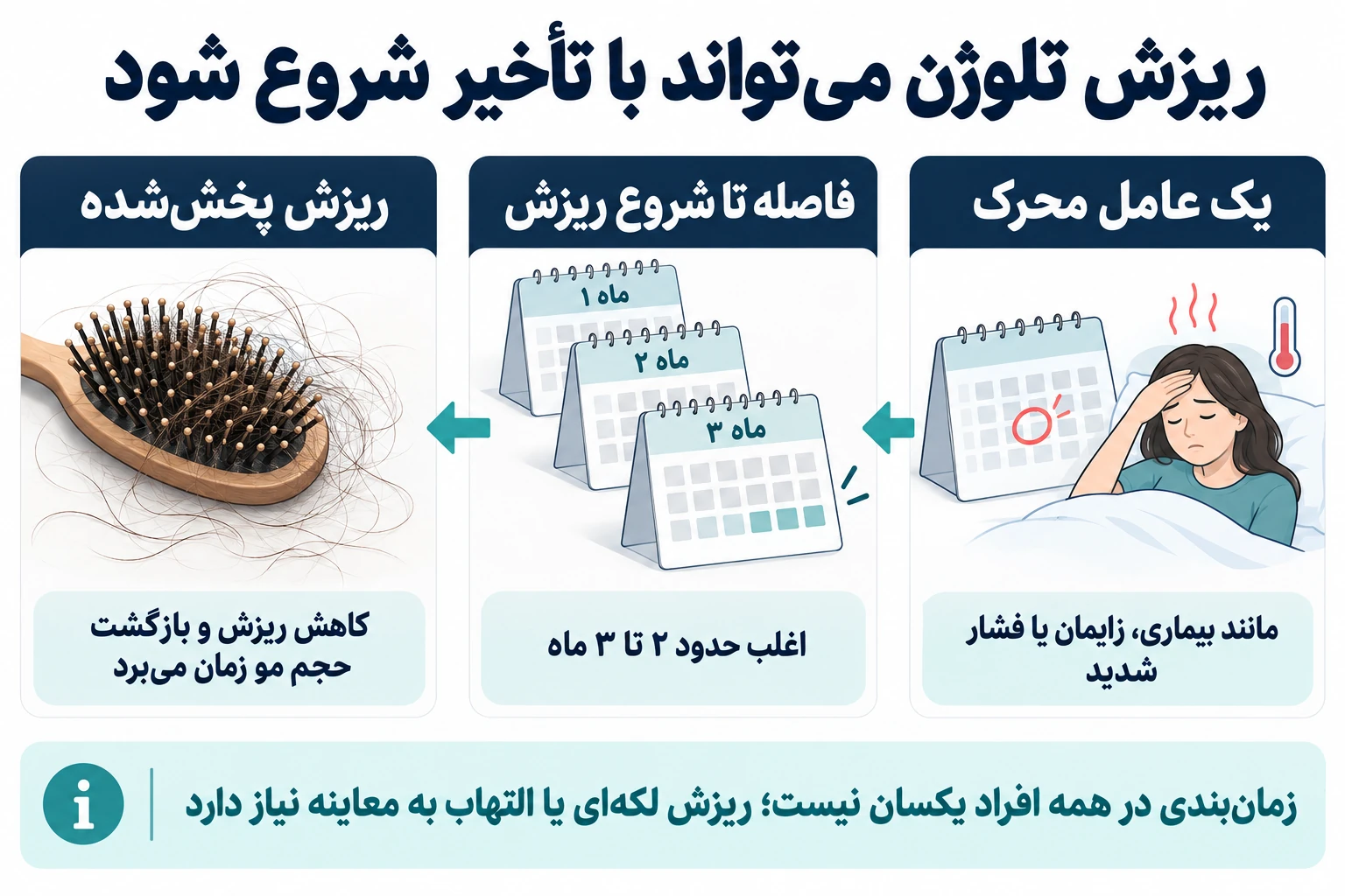 خط زمان آموزشی تلوژن: رویداد محرک، تأخیر چندماهه و افزایش ریزش منتشر مو