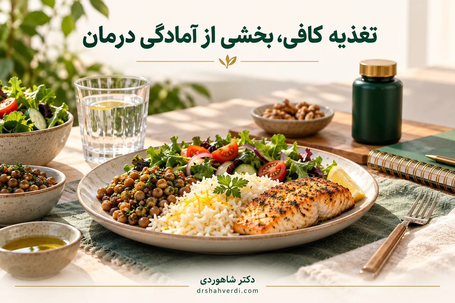بشقاب غذا شامل ماهی، برنج، حبوبات و سبزی در کنار دفتر یادداشت