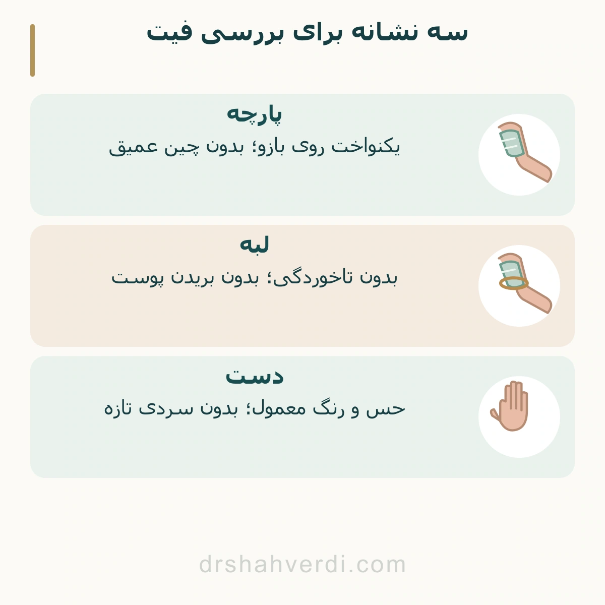 سه نشانه برای بررسی فیت پارچه صاف، چین لبه و وضعیت دست در کنار هم