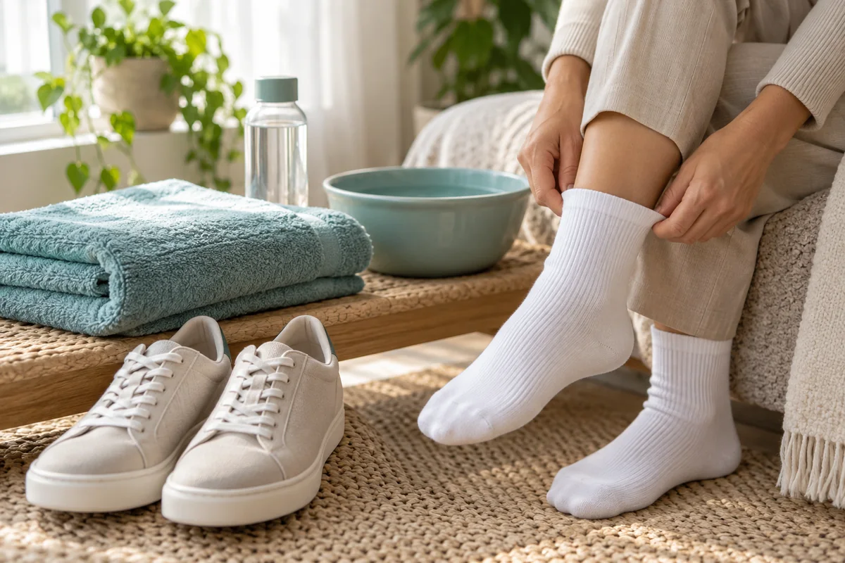 نمای مفهومی پوشیدن جوراب تمیز کنار کفش و وسایل مراقبت روزمره
