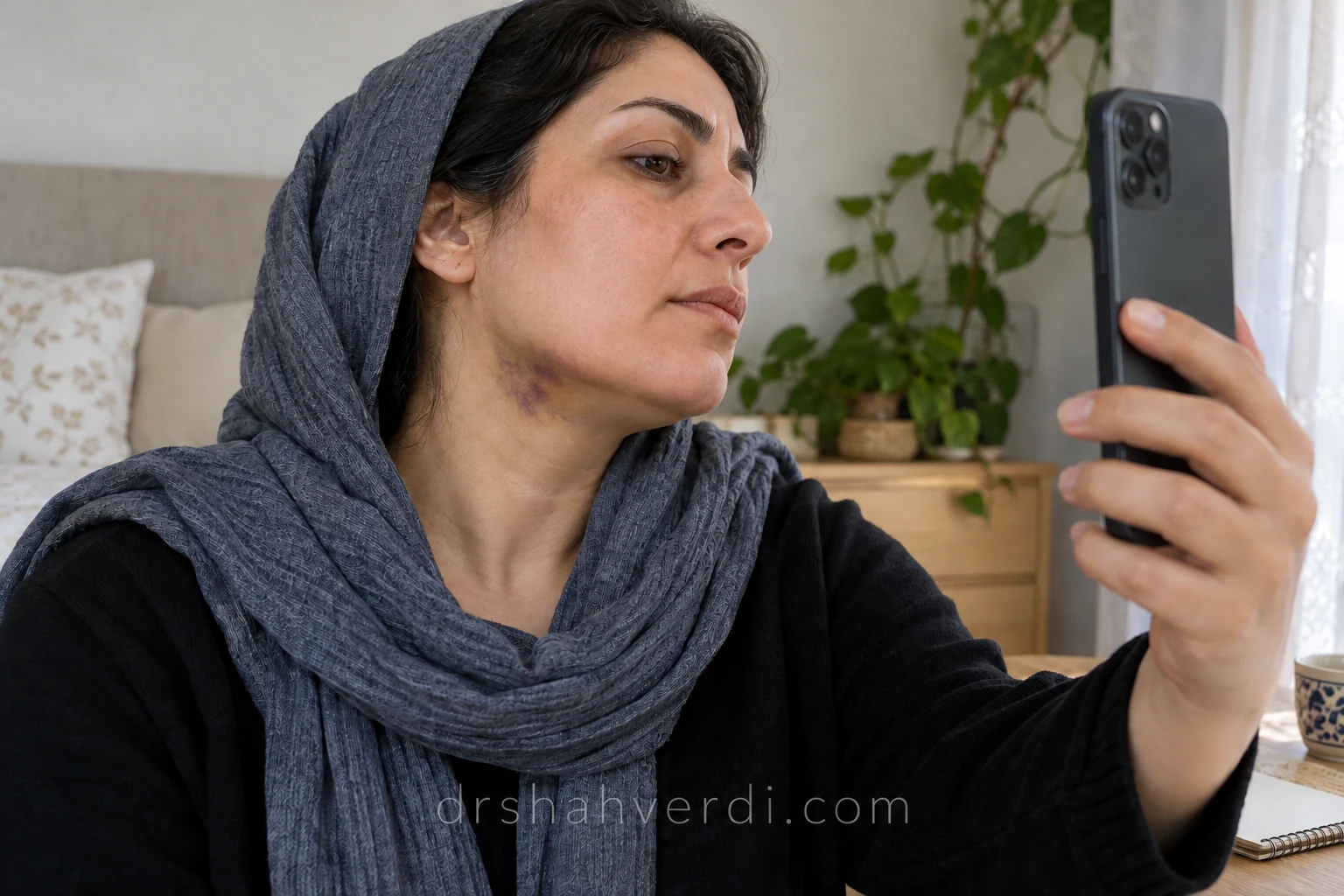 زن در حال ثبت عکس از کبودی کنار فک با تلفن همراه