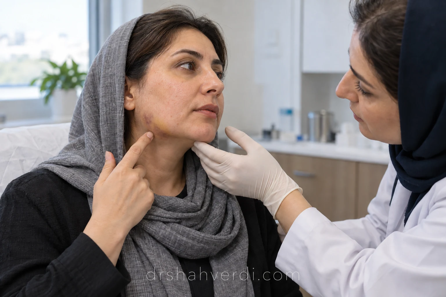 پزشک در حال بررسی پوست کنار فک با نور مناسب