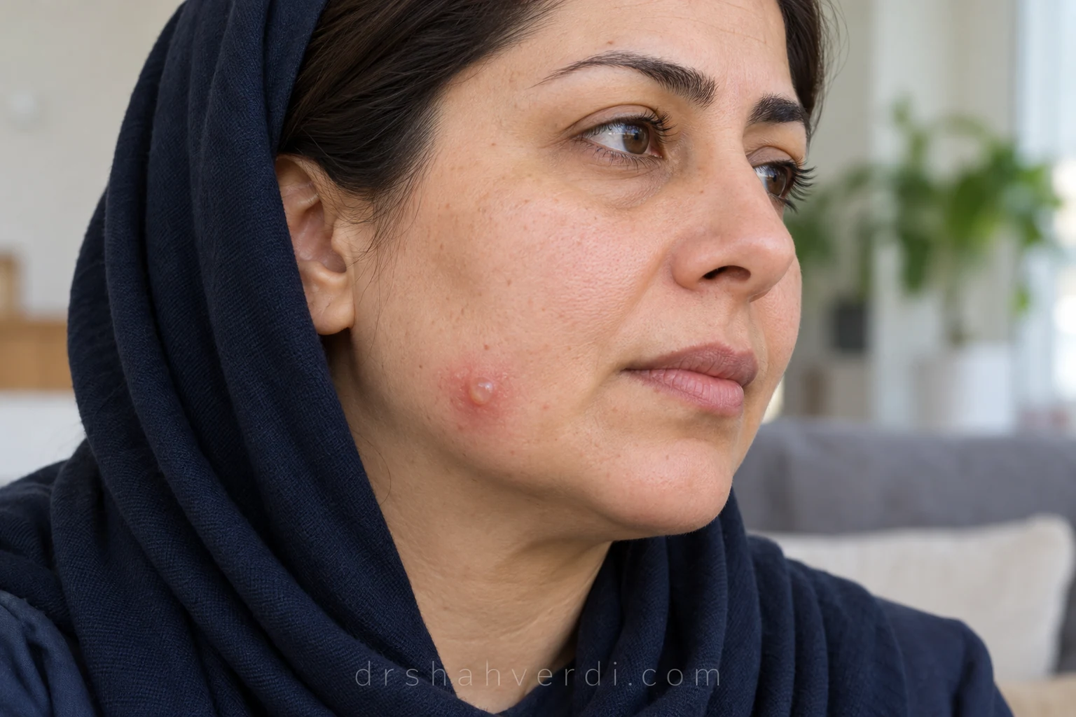 تاول و تغییر پوست کنار فک نمای نزدیک یک تاول کوچک و پوست تحریکشده کنار خط فک