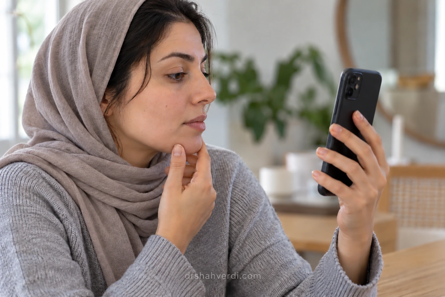 فردی در حال بررسی چهره با تلفن همراه