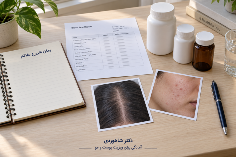 دفتر زمان شروع علائم، فهرست داروها و نتایج قبلی برای آمادگی ویزیت پوست و مو
