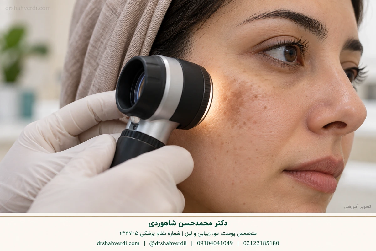 Illustrative skin examination with a magnifying instrument