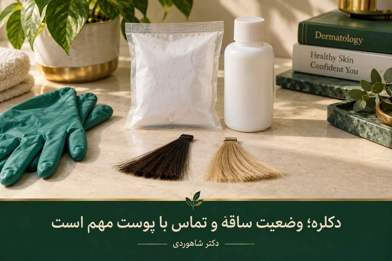 بستهٔ دربستهٔ پودر، بطری، دستکش و دو دستهٔ موی تیره و روشن روی میز