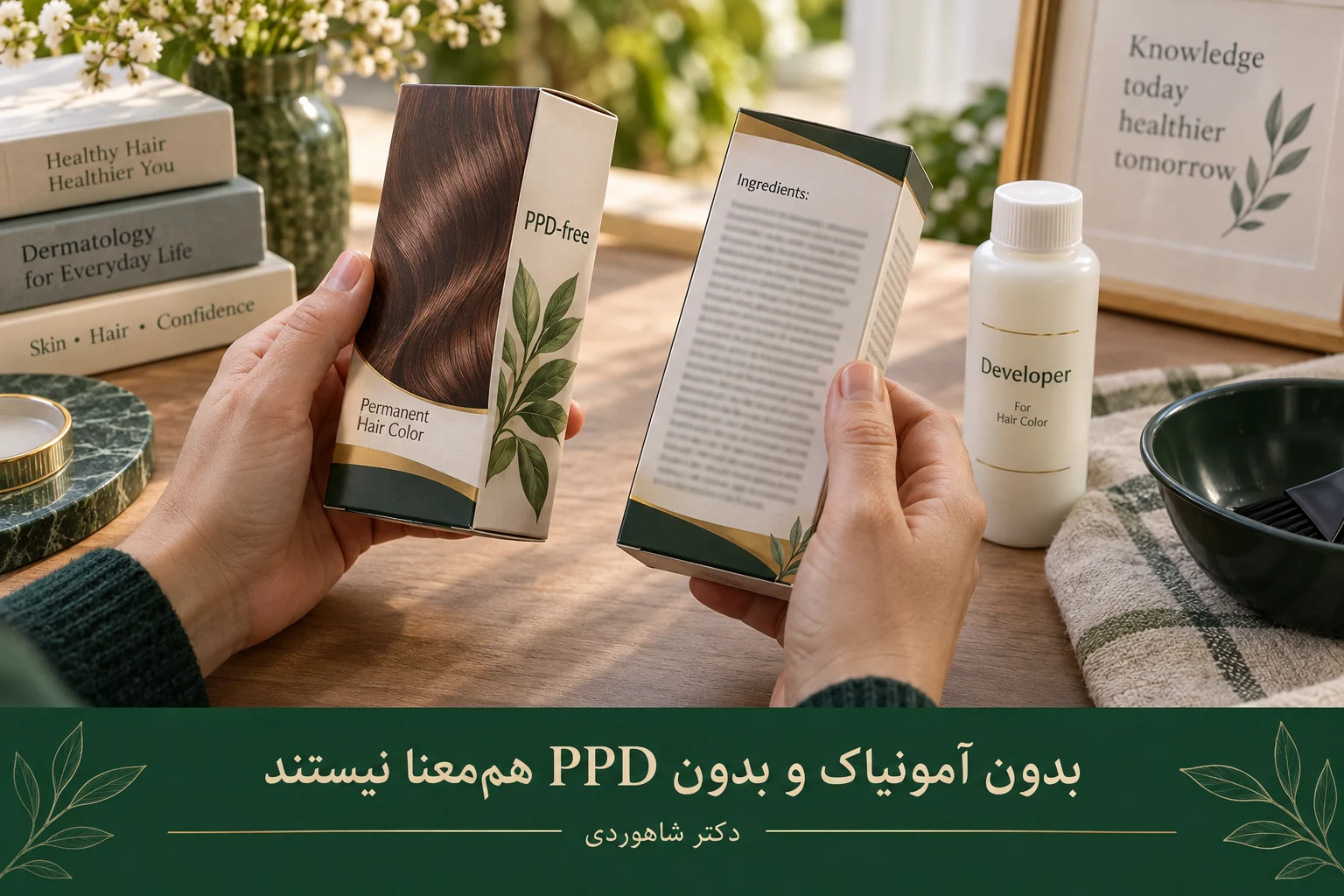 بررسی ادعای PPD-free روی بستهٔ نمونهٔ رنگ در کنار فهرست ترکیبات و اکسیدان