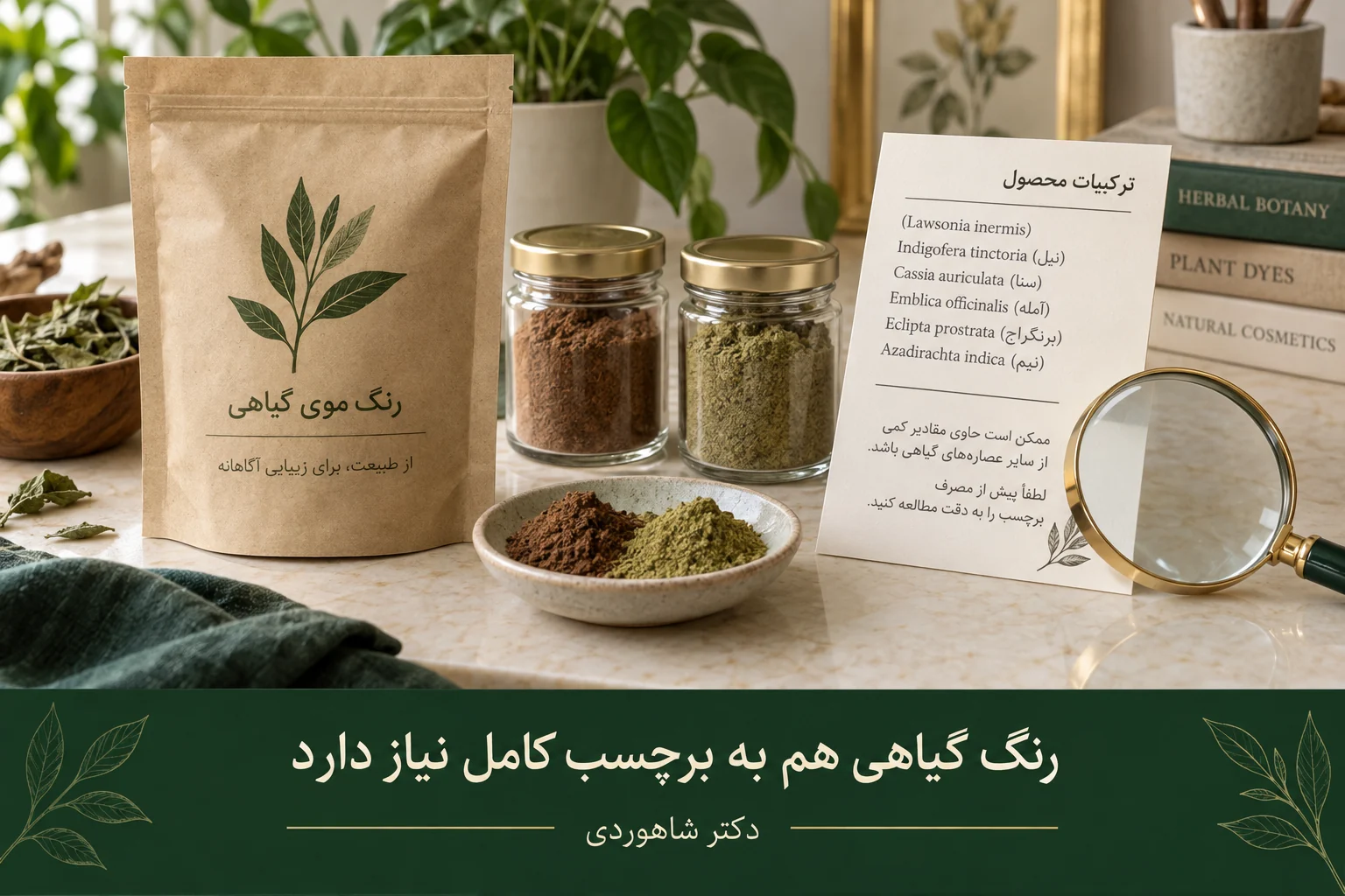 بستهٔ نمونهٔ رنگ گیاهی، دو پودر و برگهٔ نمونهٔ نام‌های گیاهی کنار ذره‌بین