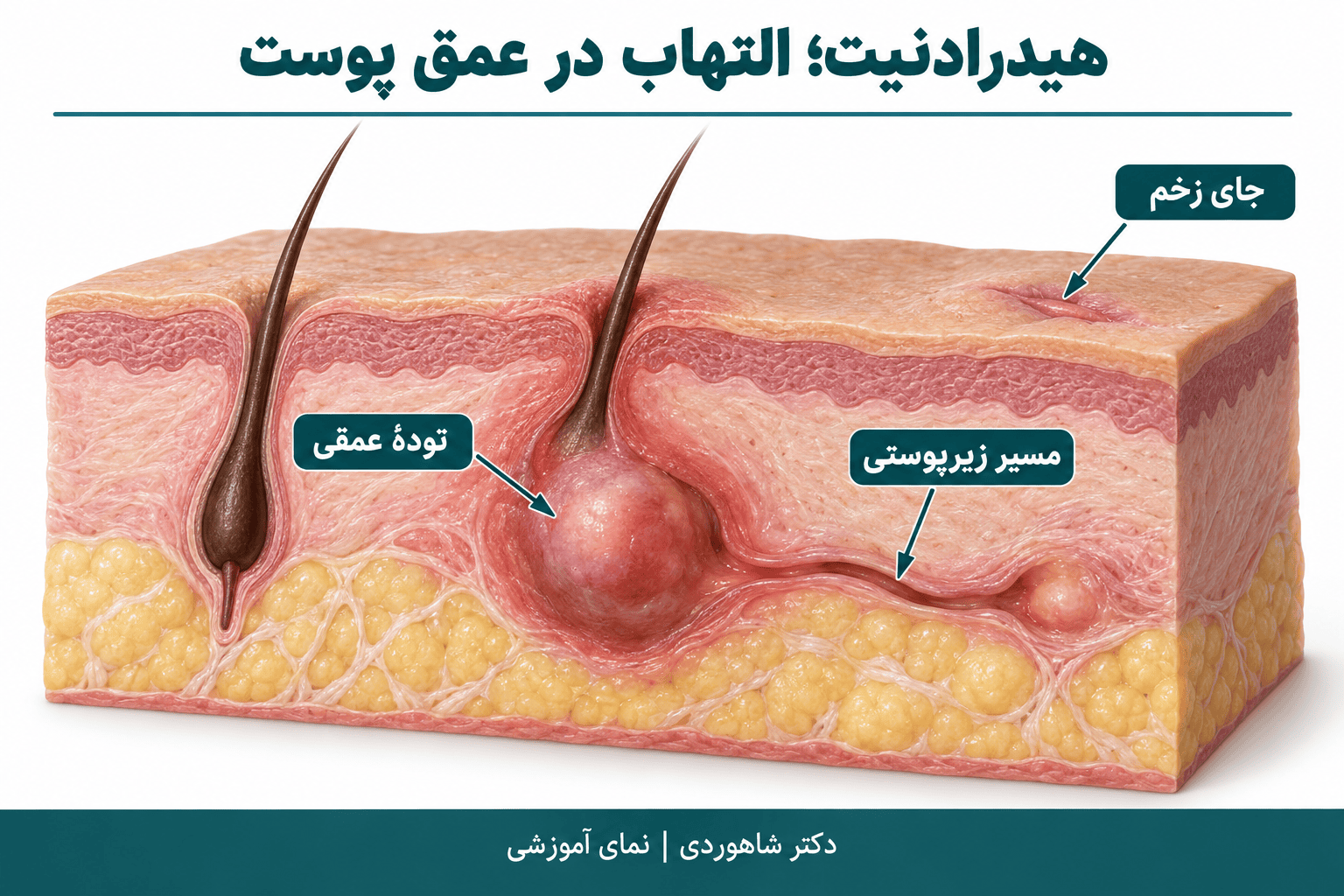 نمای آموزشی هیدرادنیت؛ تودهٔ عمقی، مسیر زیرپوستی و جای زخم در مقطع پوست