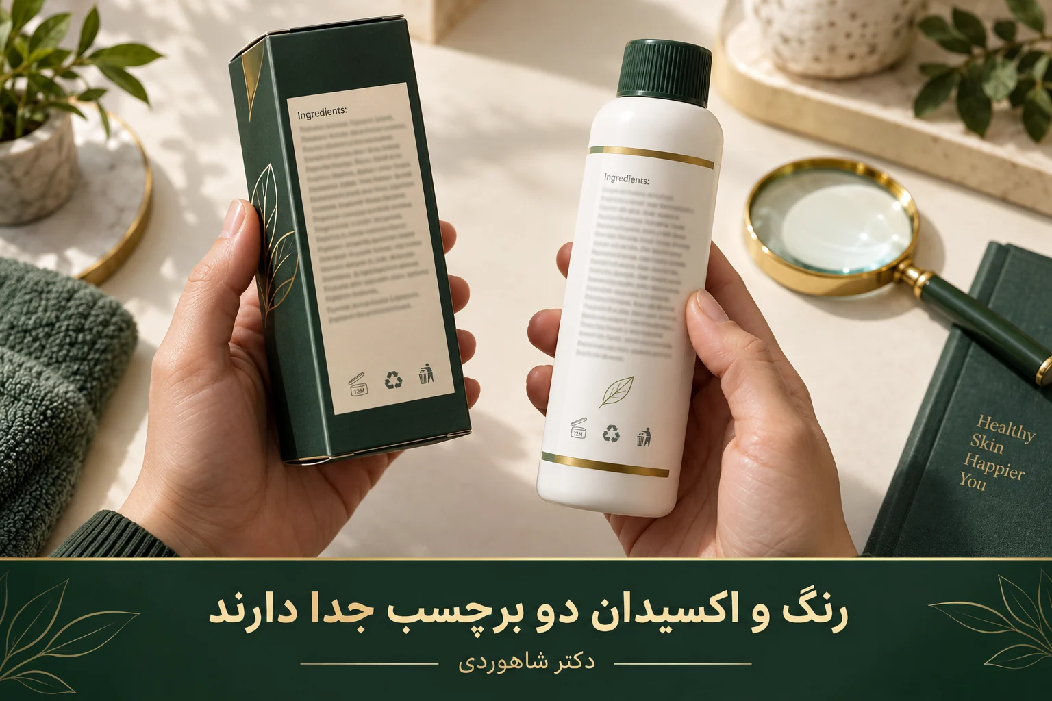 دو برچسب جداگانهٔ ترکیبات روی بستهٔ رنگ و بطری اکسیدان کنار ذره‌بین