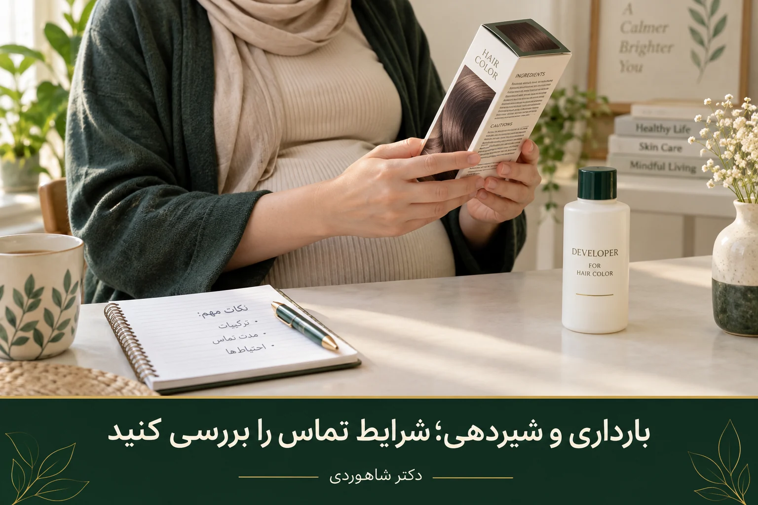 خواندن برچسب نمونهٔ رنگ توسط زن باردار در کنار دفتر یادداشت احتیاط‌ها