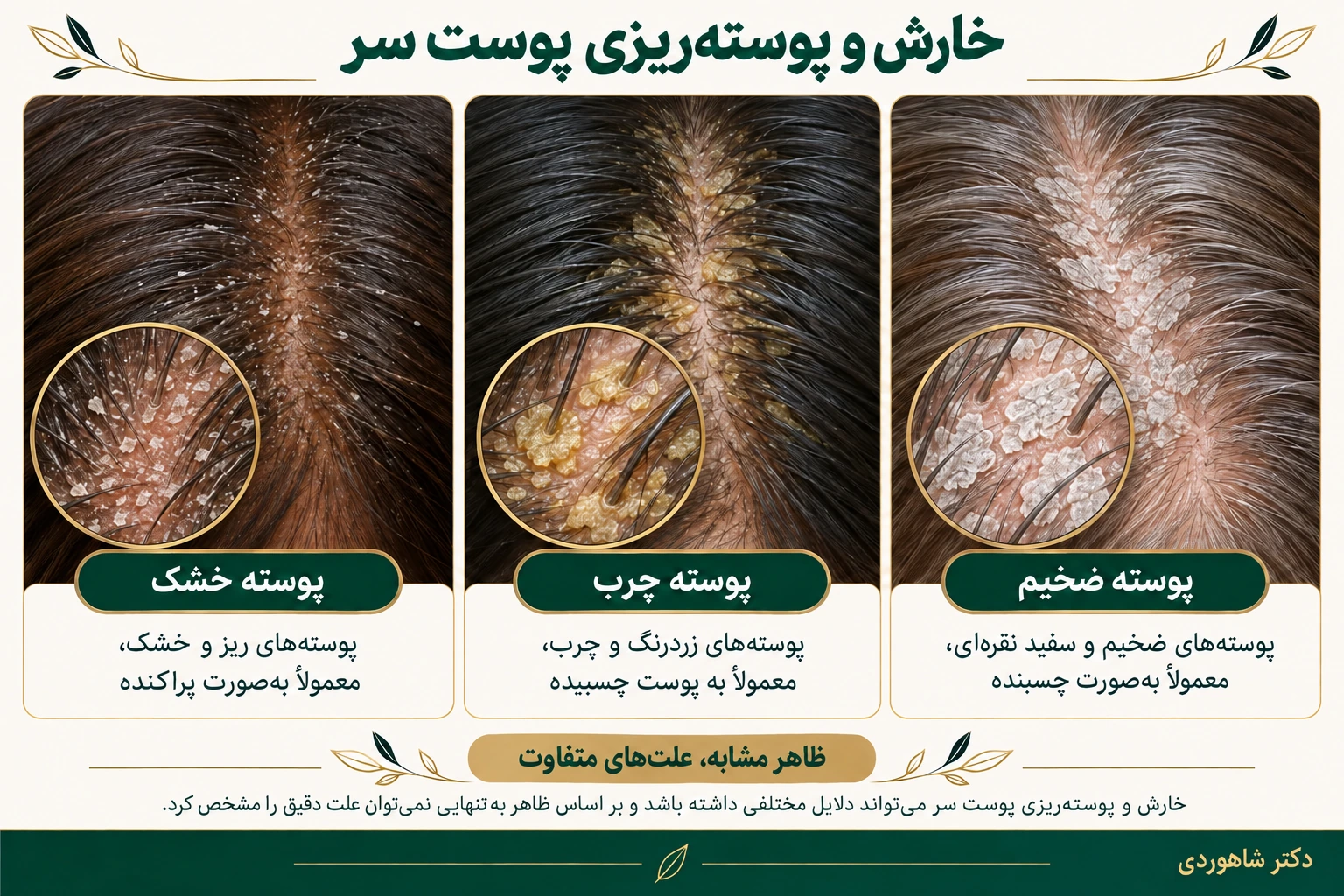 سه نمای پوست سر با پوسته خشک، پوسته چرب و پوسته ضخیم