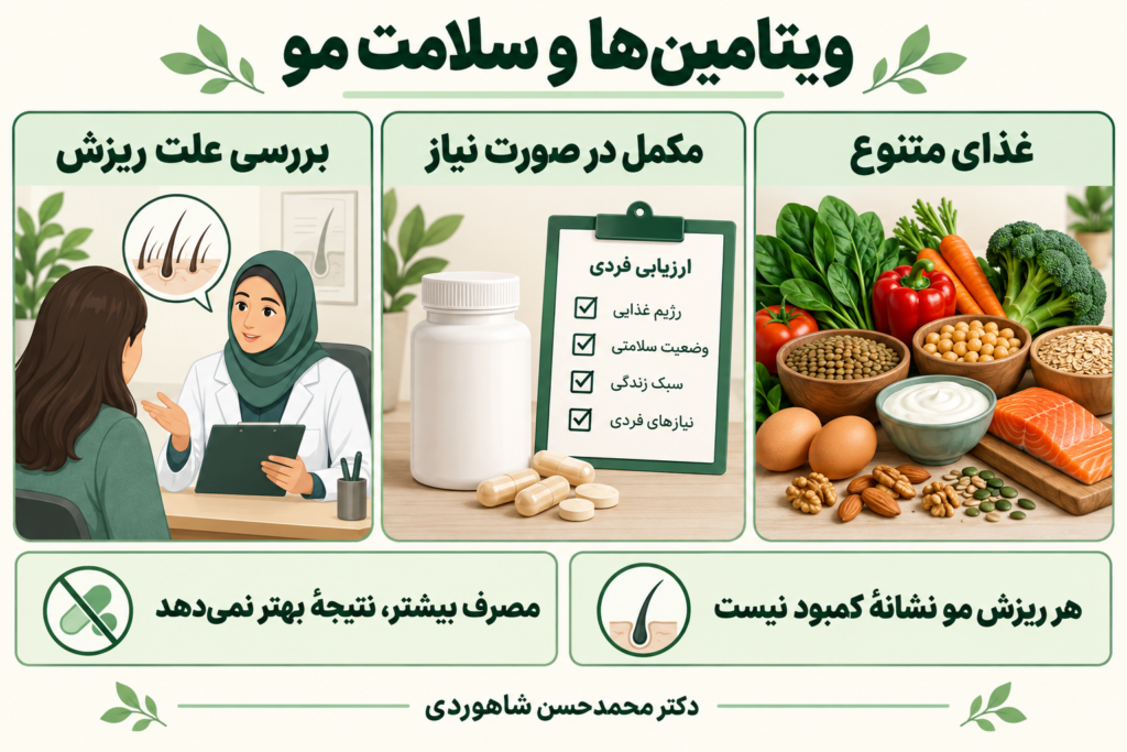 تصویر مقاله تأثیر انواع ویتامین‌ها بر سلامت پوست و مو | کلینیک دکتر محمدحسن شاهوردی
