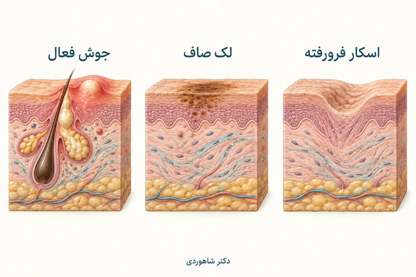 طرح جوش فعال، لک صاف و اسکار فرورفته در سه قاب پوست
