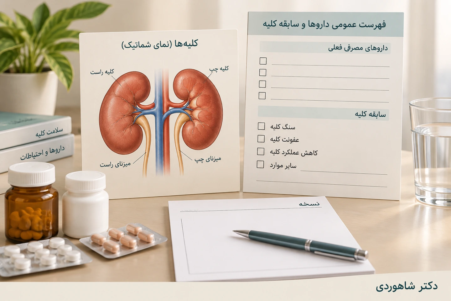 طرح کلیه‌ها و فهرست خالی داروها و سابقه کلیه کنار برگه نسخه