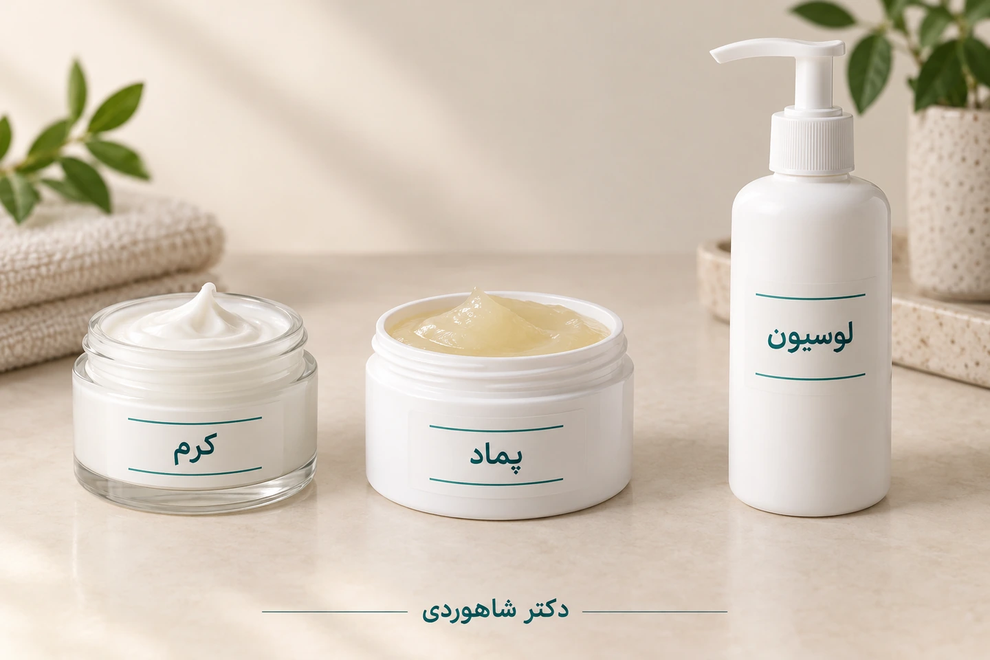 سه ظرف جدا با برچسب کرم، پماد و لوسیون
