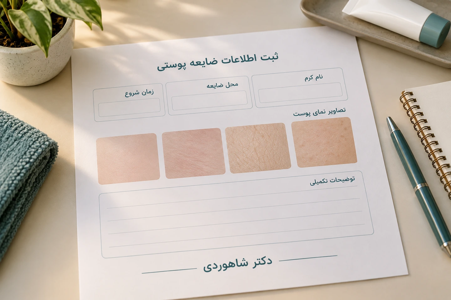 برگه ثبت نام کرم، محل و زمان شروع ضایعه با نماهای بافت پوست