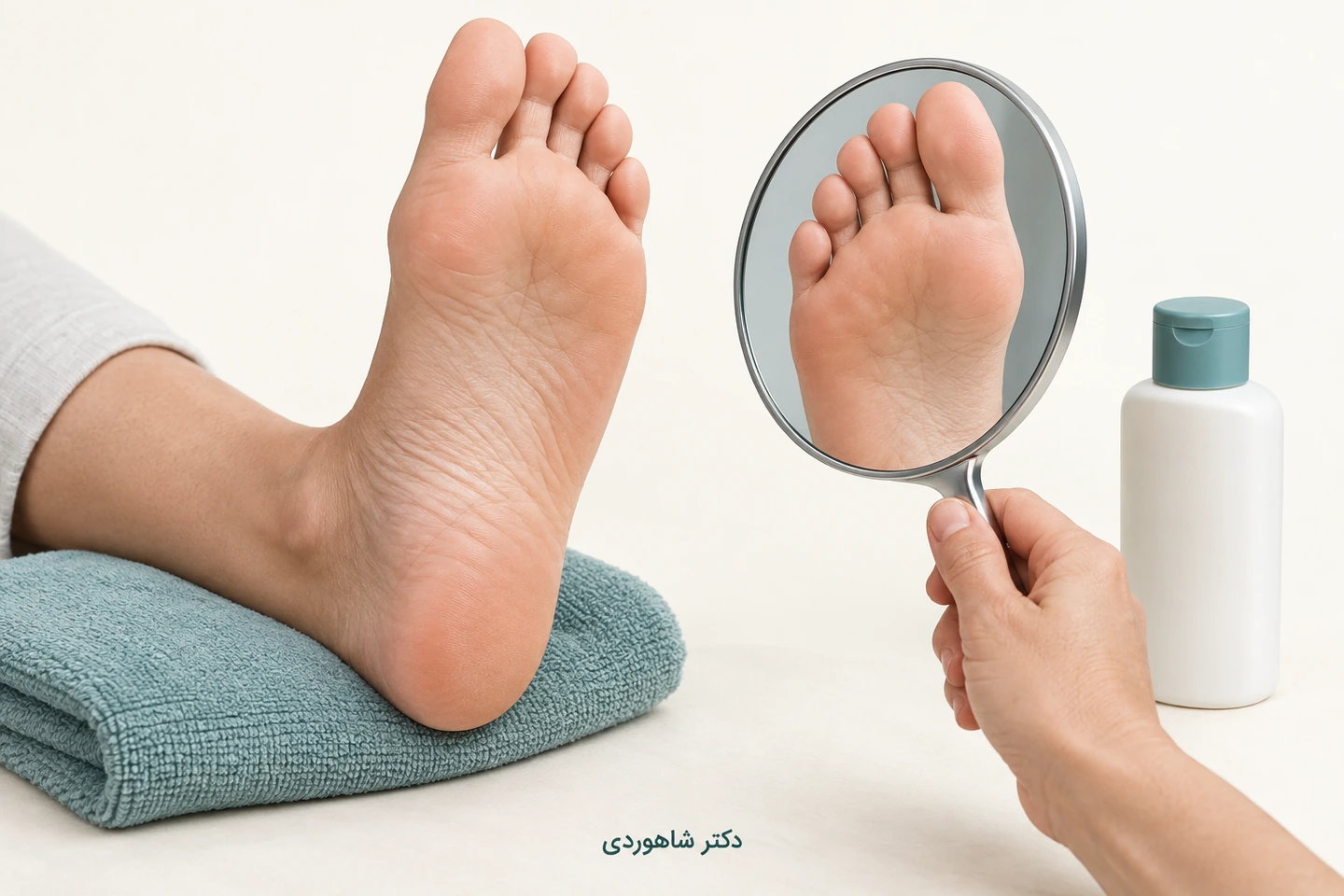 بررسی کف پا با آینه کنار حوله نرم و مرطوبکننده بسته