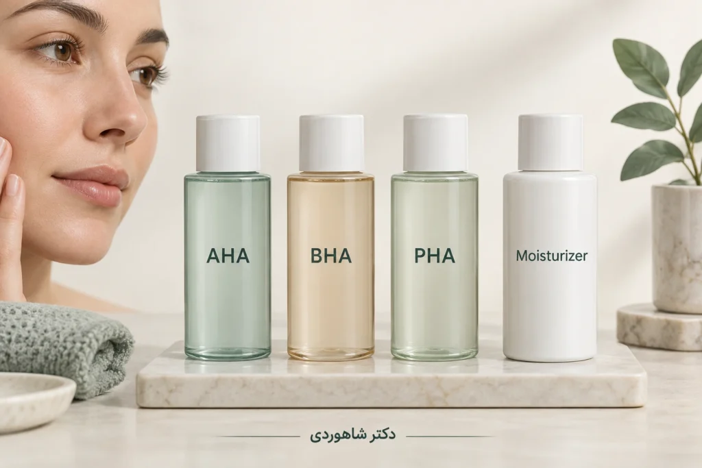 تصویر مقاله اسیدهای لایهبردار پوست در خانه؛ تفاوت AHA، BHA و PHA و انتخاب روتین