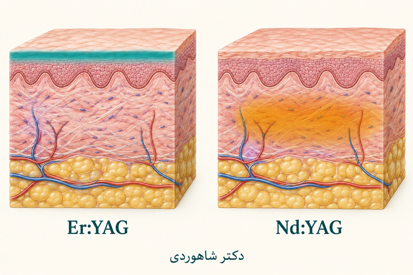 مقایسه ناحیه اثر سطحی Er:YAG و اثر بافتی Nd:YAG