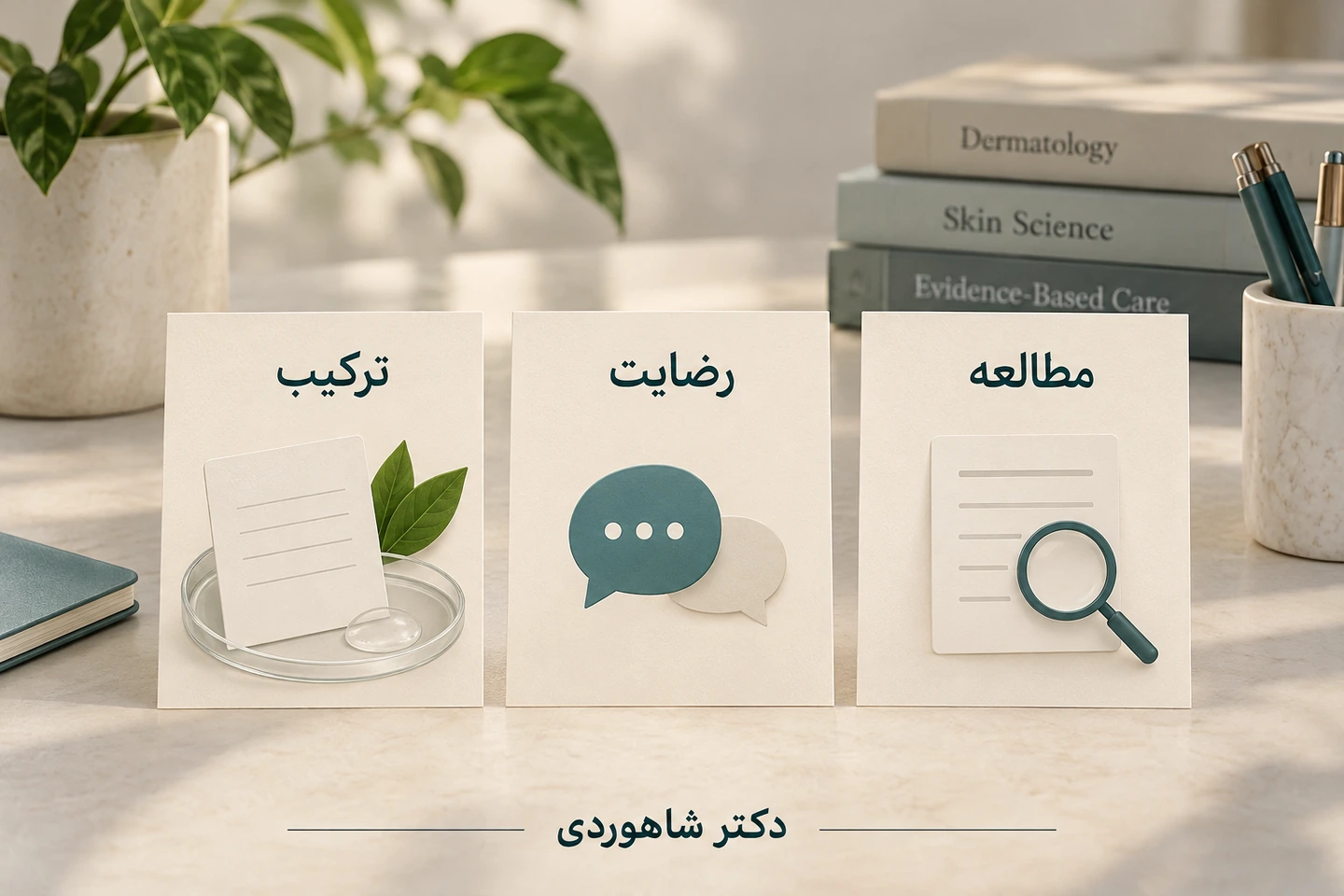 سه کارت جدا با عنوان ترکیب، رضایت و مطالعه کنار نماد برگه و ذره‌بین